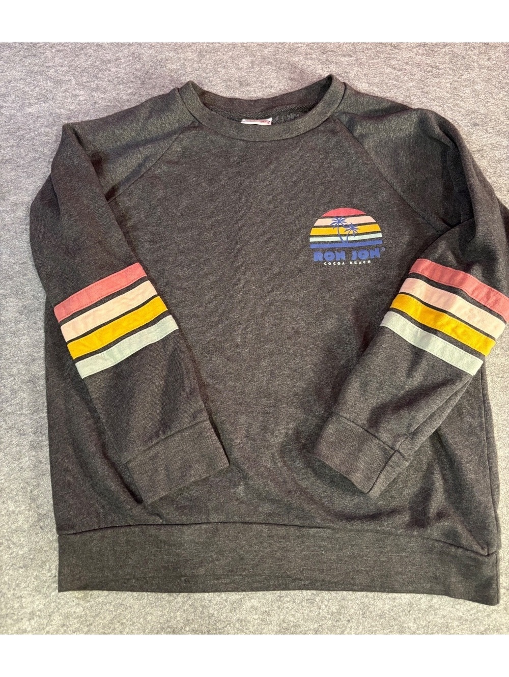 Ron Jon Surf Shop Cocoa Beach Sweatshirt with Colorful Stripes on Sleeves, Size